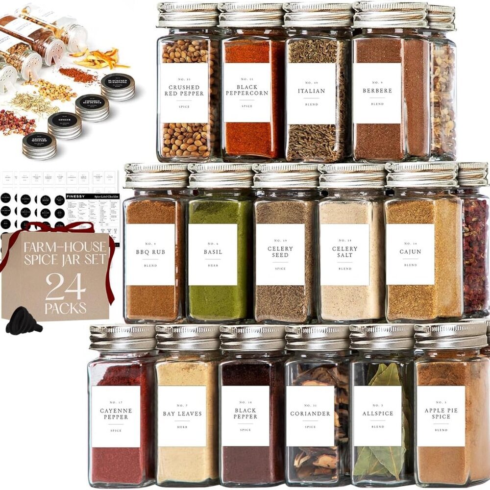 Glass Spice Jars with Labels with Metal Lids and Shakers 24 Pack Set, 4oz Small